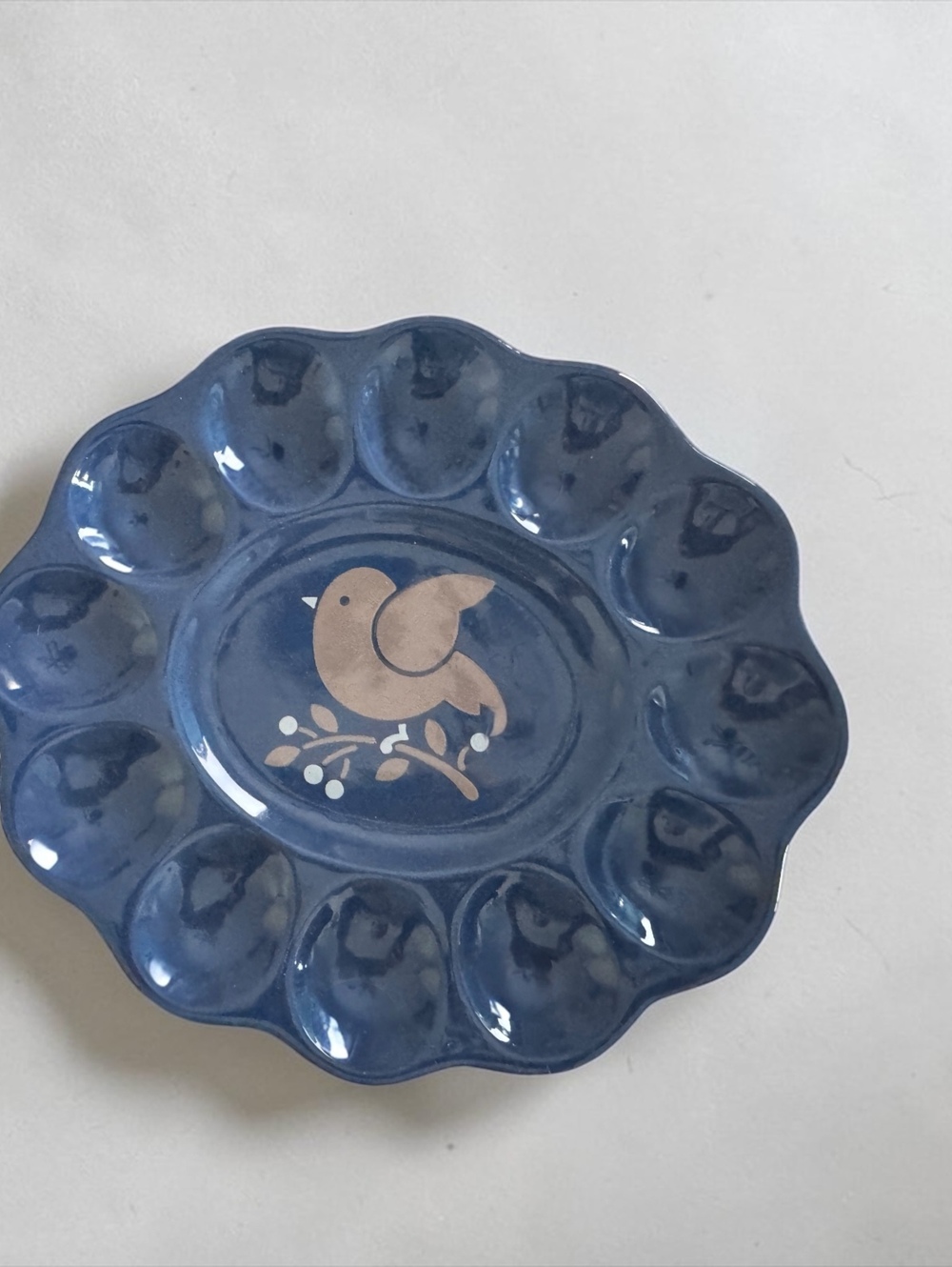 Vintage Blue Ceramic Deviled Egg Plate with Bird Motif